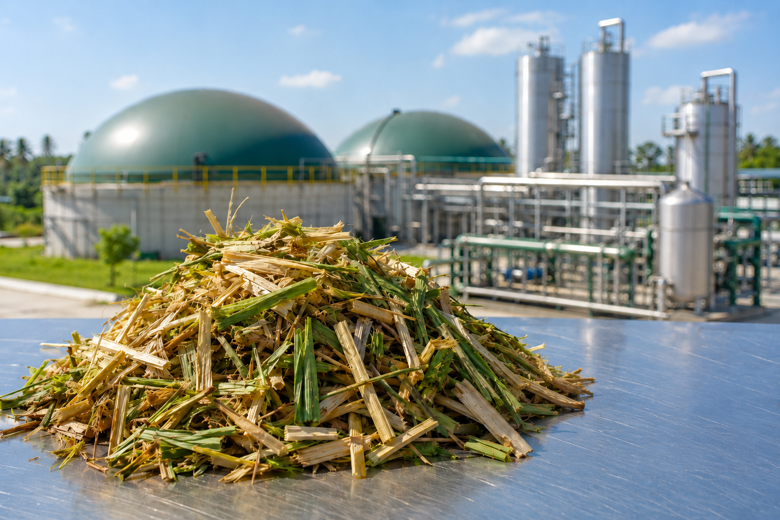 Agricultural residue feedstock beside biogas process equipment